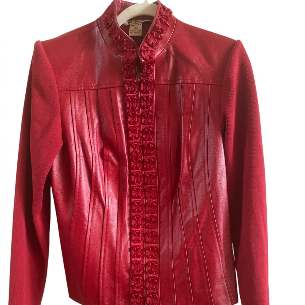 Negard Collection Women’s Red Leather Knit Sleeves Petite Medium Jacket Ruffle